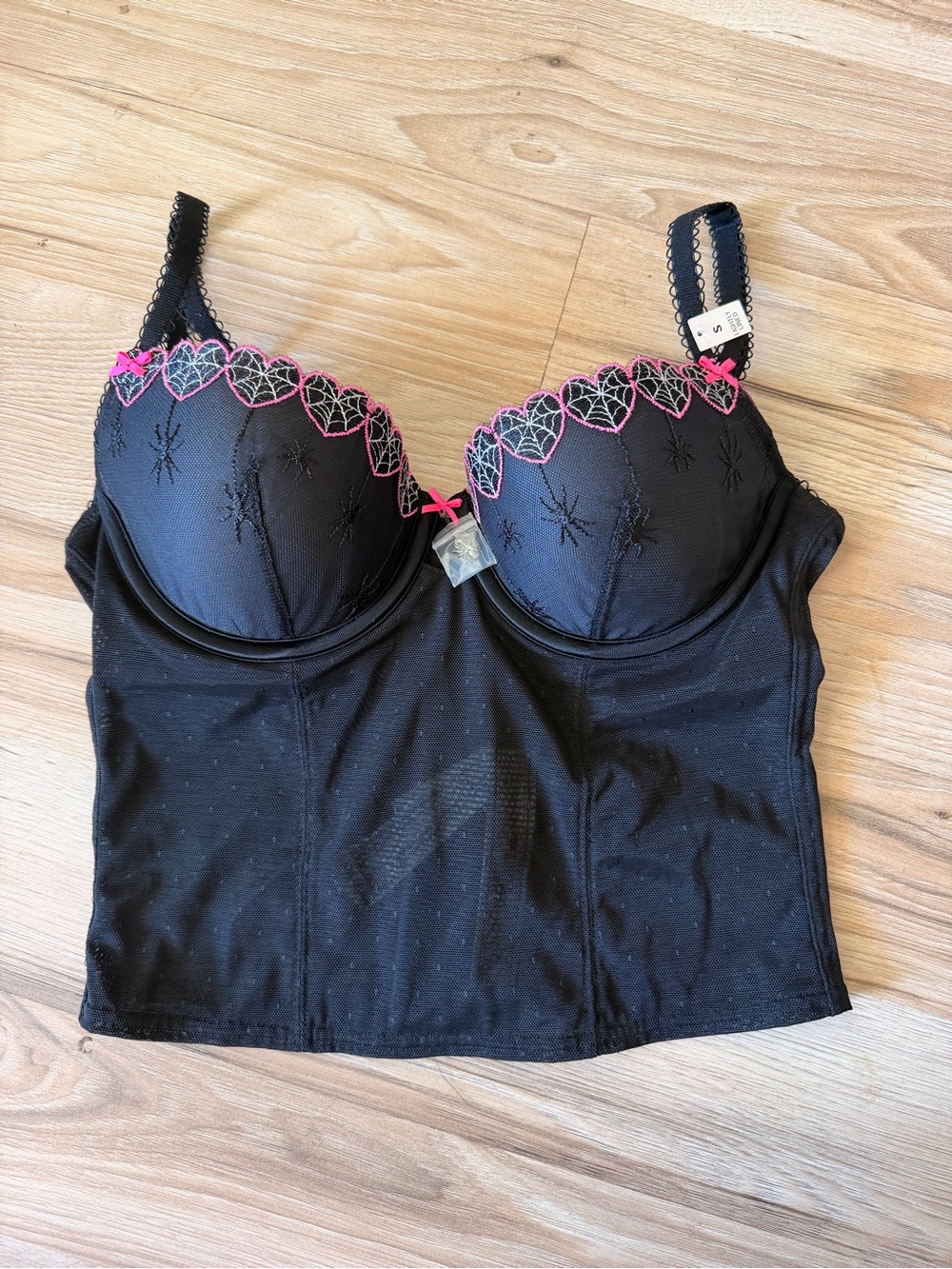 Victoria's Secret Black Longline Bustier with Pink Heart Lace